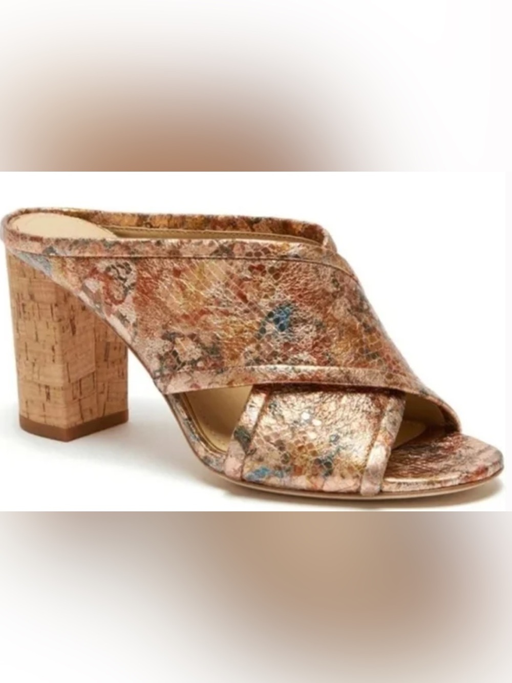 Etienne Aigner Lido 3 1/2” Cork Heel Open Toe Mule Sandals Snake Terracotta 10M